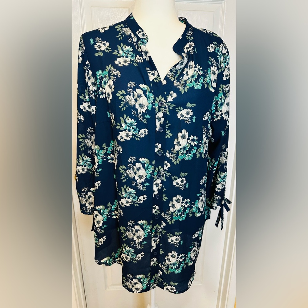 Joan Rivers Navy Blue White Green Floral Tunic Long Sleeve Top Blouse Size 14